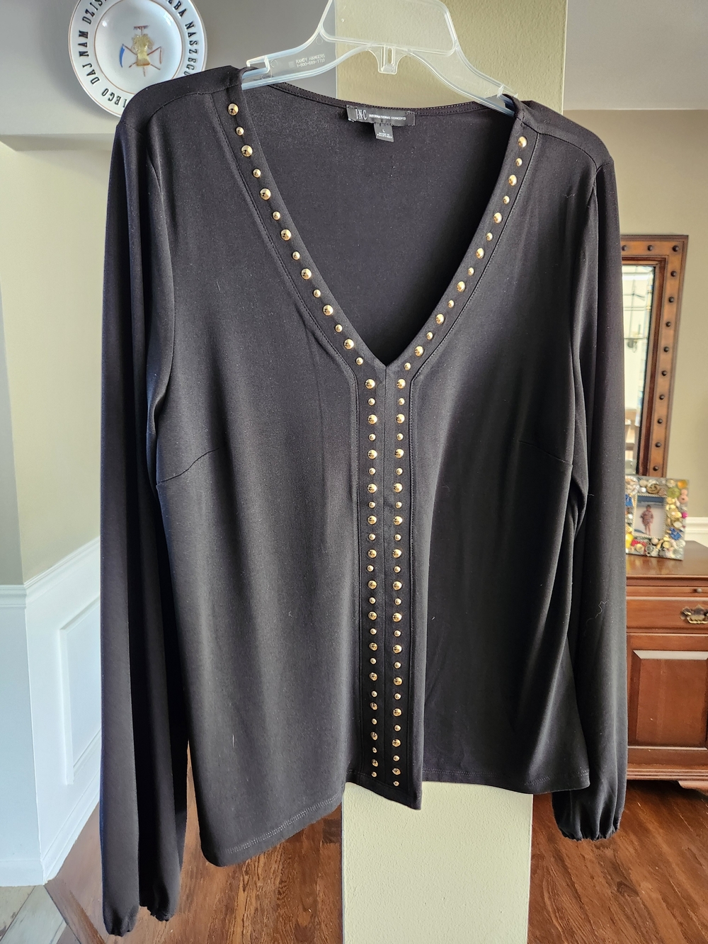 Inc International Concept Black Long Sleeve With  Gold  Stud V-Neck
